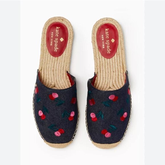 KATE SPADE NEW Rosie 2 Flat Mules Slides Shoes 9B NEW Denim Cherries - Picture 3 of 9